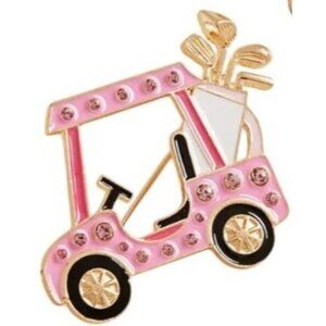 2/$30 Golf Cart Rhinestone Brooch 2 Pairs Golf Earrings Set Pink Gold Accents